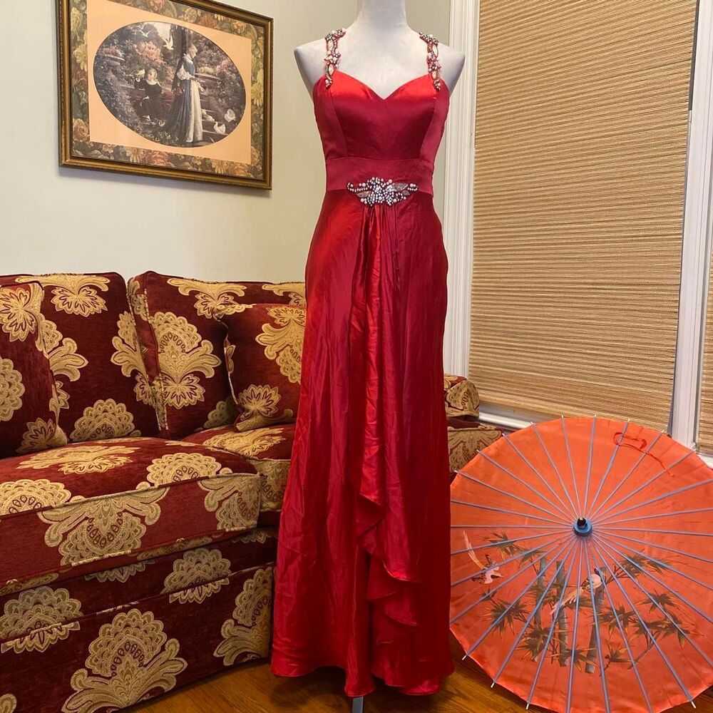 Vintage y2k prom silk maxi dress with beaded straps and waistband
